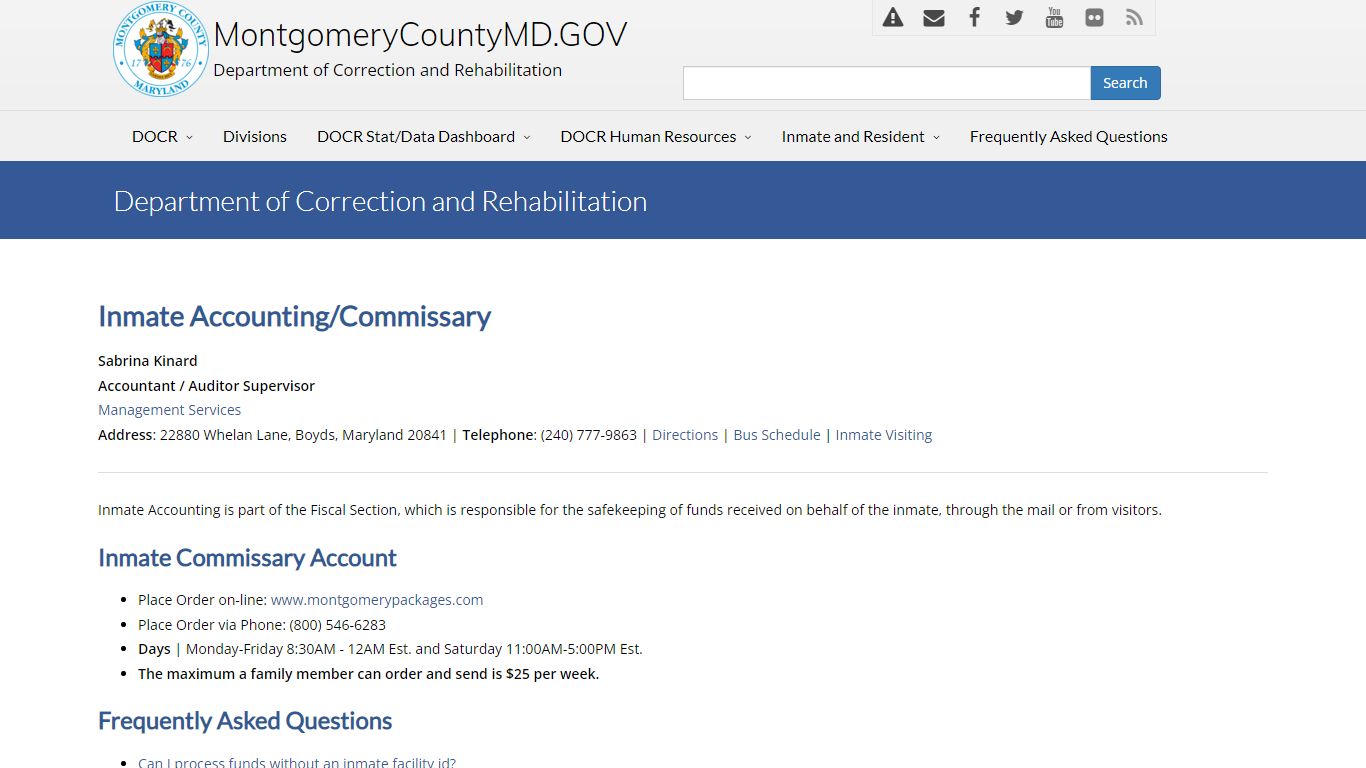 Inmate Accounting/Commissary - Montgomery County Maryland